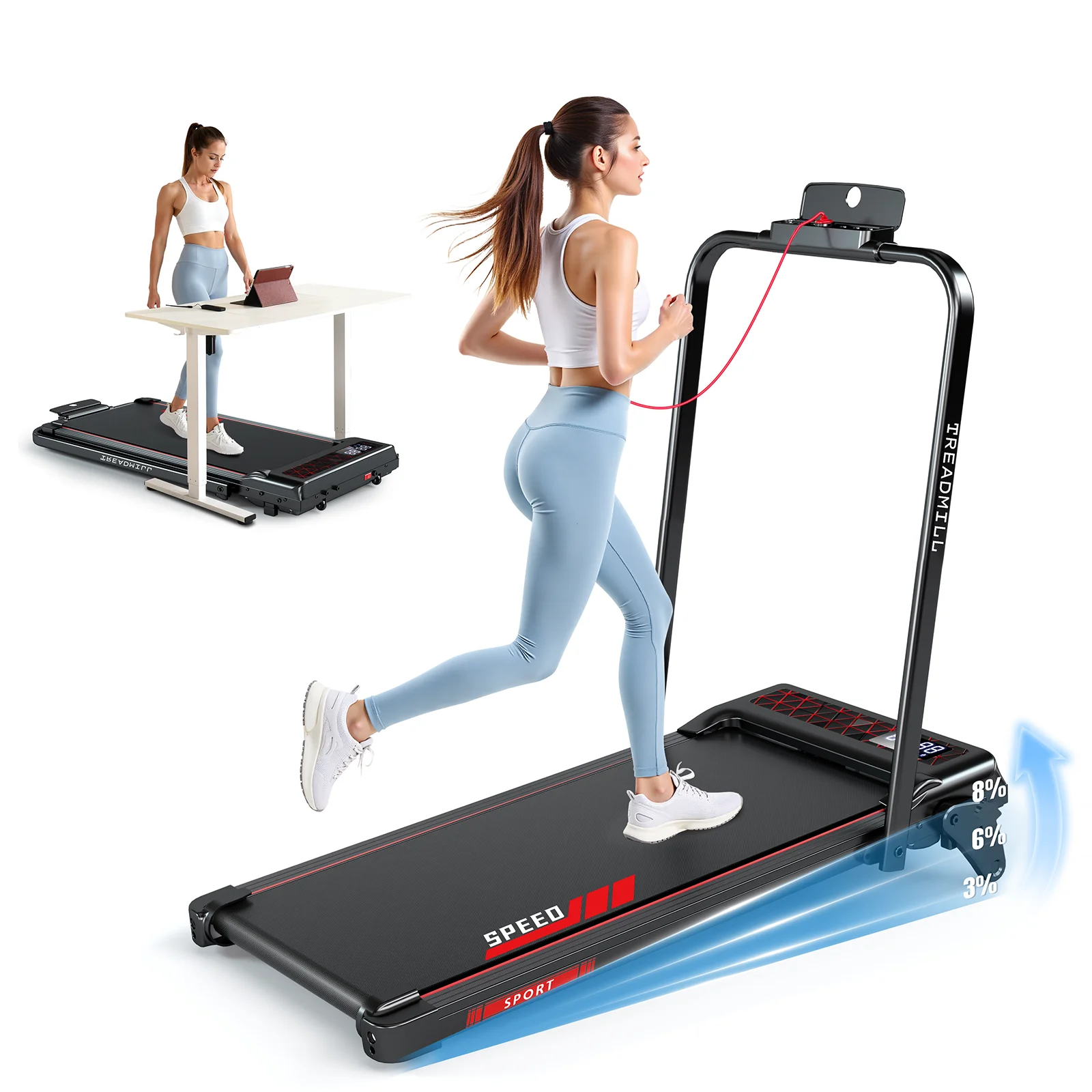 Tapis de course pliable pour la maison, inclinaison réglable jusqu'à 8 %, moteur de 2,25 chevaux, plage de vitesse : 1 à 12 km/h